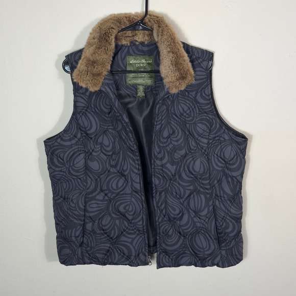 Eddie Bauer Down Vest Womens XL Black Quilted Puffer Faux Fur Collar - Picture 1 of 9